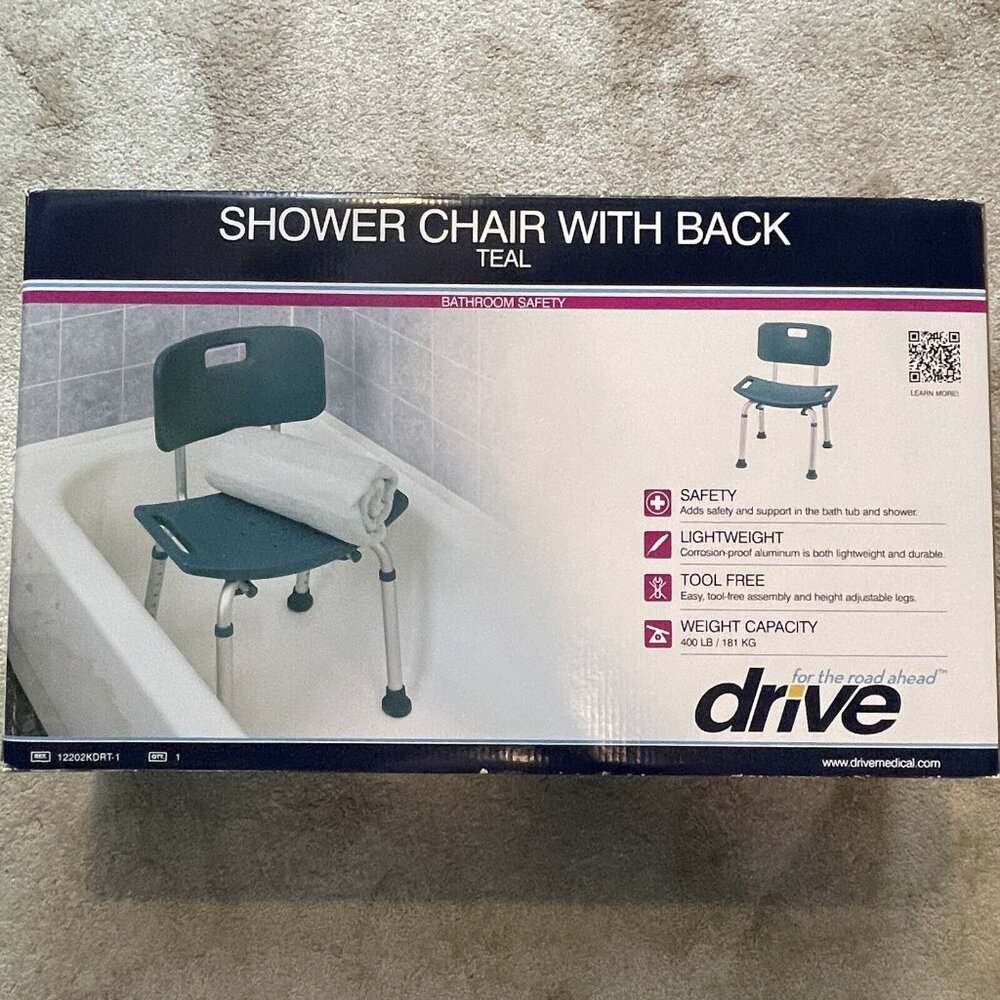 Drive Medical Bathroom Safety Shower Tub Bench Chair with Back Gray - NEW
